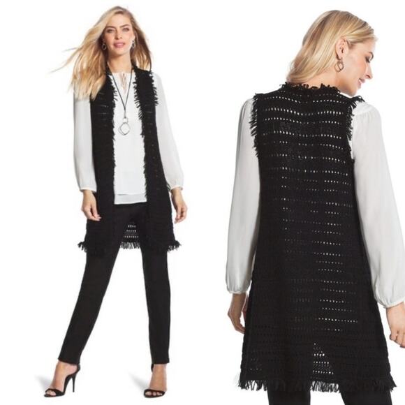 Chicos Womens Fringe Francine Vest Small Black Open Front Boho Layering Knit - Picture 1 of 12